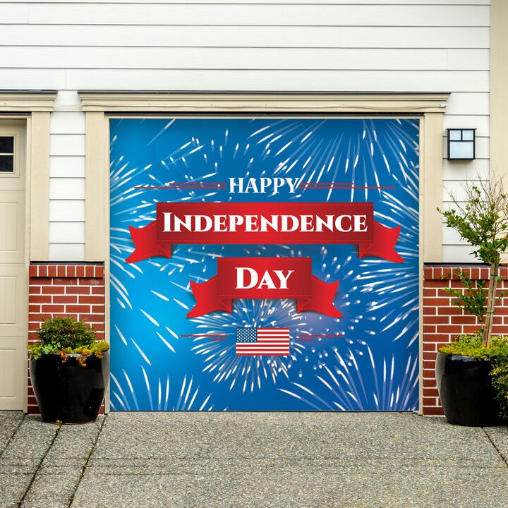 7' x 8' Blue and Red Fireworks Patriotic Car Garage Door Banner