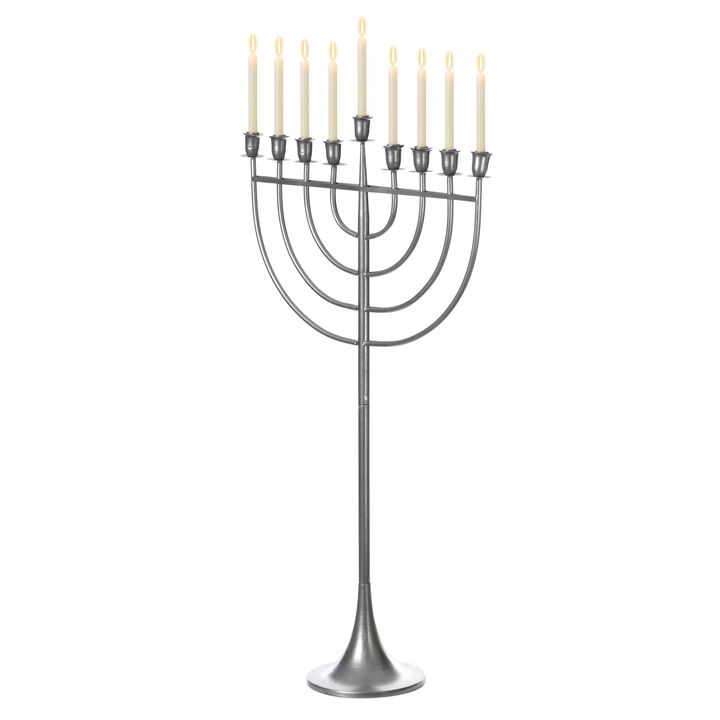 Modern Solid Metal Judaica Hanukkah Menorah 9 Branched Candelabra, Aluminum Finish Large