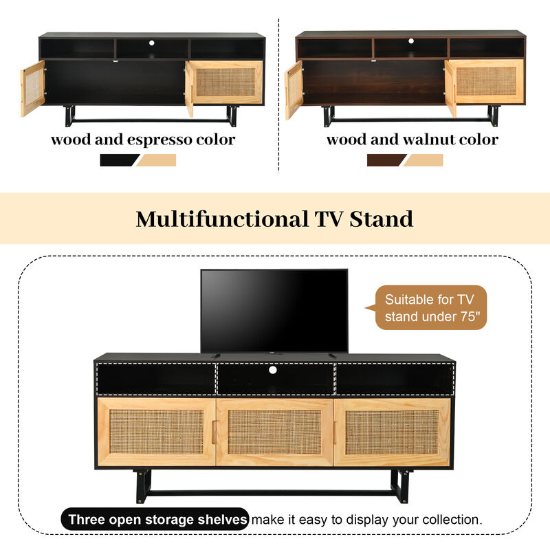 Merax Retro Rattan Console Table 3-door TV Stand