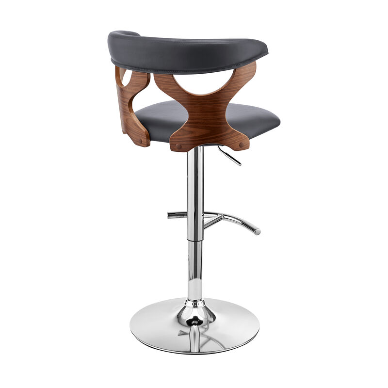 Ruth Adjustable Swivel Grey Faux Leather and Walnut Wood Stool with Chrome Base