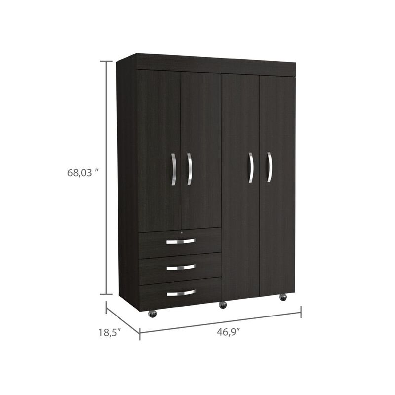 DEPOT E-SHOP Hamilton Mobile Armoire, Double Door Cabinet, Three Drawers, Rods, Two Shelves, Black