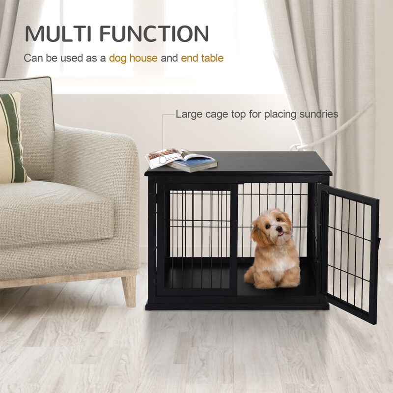 26'' Wooden Decorative Dog Cage Pet Crate Kennel with Double Door Entrance & a Simple Modern Design  Black