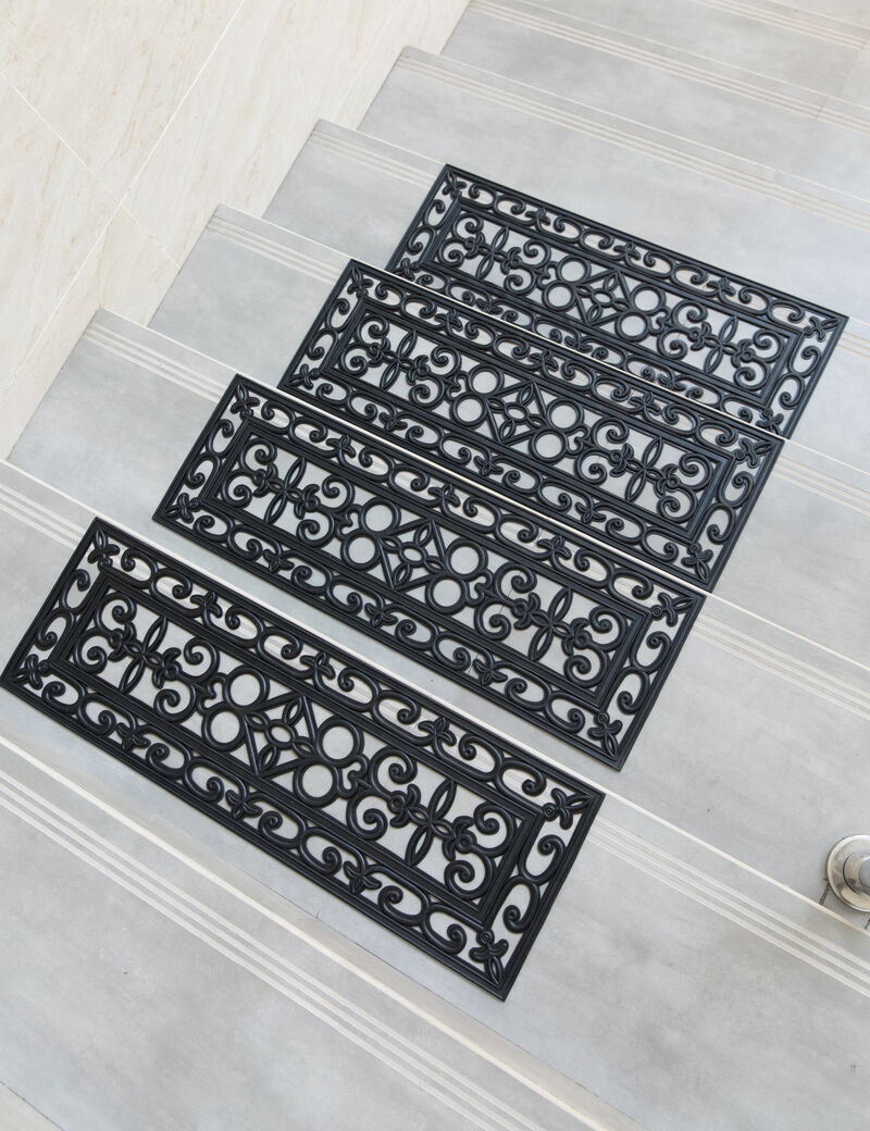 Decorative Scrollwork Design Rubber Stairs Anti-Slip Tread Mat Carpet, Set of 4