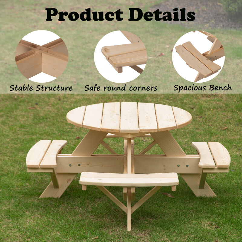 Wooden Kids Round Picnic Table Bench, Outdoor Children's Backyard Table, Crafting, Dining, and Playtime Patio Table