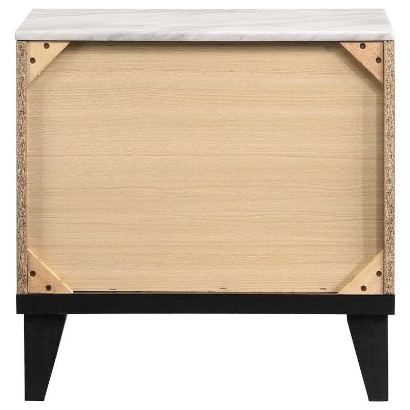 Yuzo 23 Inch Nightstand, USB Port, White Faux Marble, Walnut Brown  - Benzara