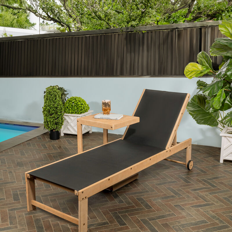 Trabuco Coastal Modern Acacia Wood Mesh 3-Position Outdoor Chaise Lounge Set with Side Table, Dark Gray/Teak Brown