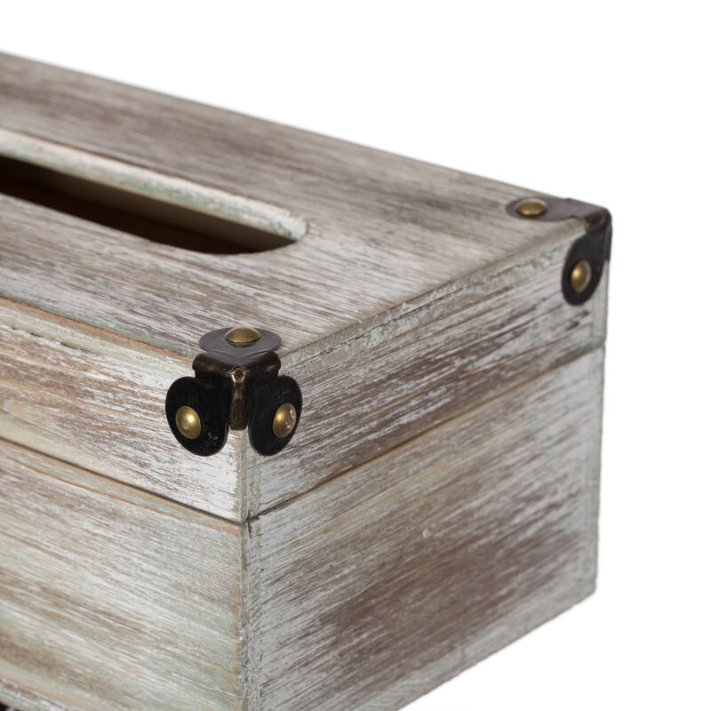 Grey Wood Facial Tissue Box Holder for Your Bathroom, Office, or Vanity with Decorative Metal Brackets