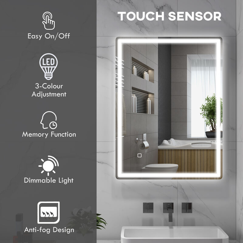 Dimmable Bathroom Mirror with LED Lights, 3 Colors, Defogging Film