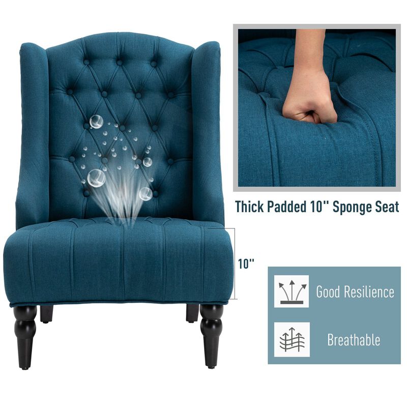 Linen Fabric Button Tufted Wingback Accent Chair with Thick Padded Cushioned Seats and Wooden Legs for Living Room and Bedroom, Dark Blue
