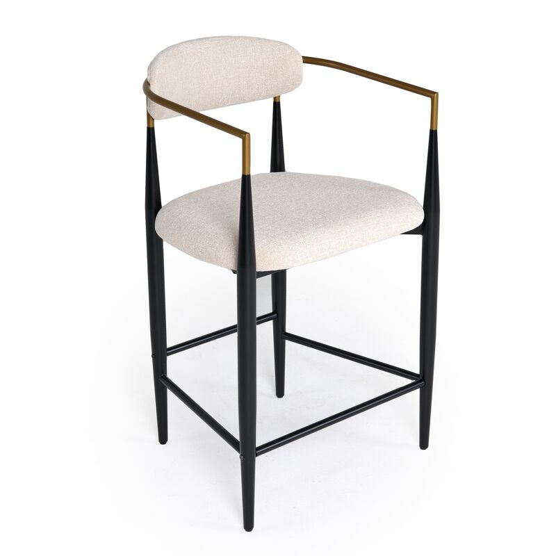 Cid Hita 25 Inch Counter Chair, Light Gray Polyester, Black Iron Legs, Gold - Benzara