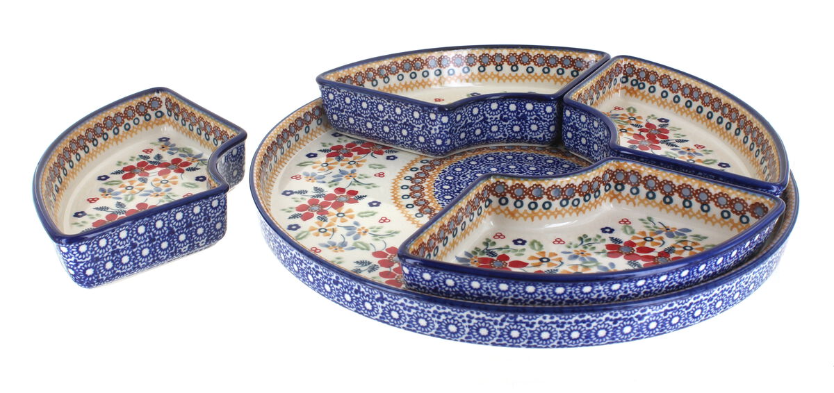 Blue Rose Polish Pottery Halsey Tray with 4 Plates