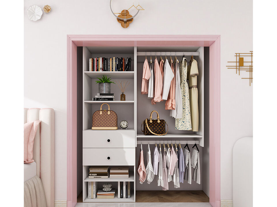 Closet Organizer System, Closet System with 2 Drawers, 2  Clothing Racks， Walk in Closet Organizers and Storage with 5 Shelves Wall Mounted, White Wardrobe Closet