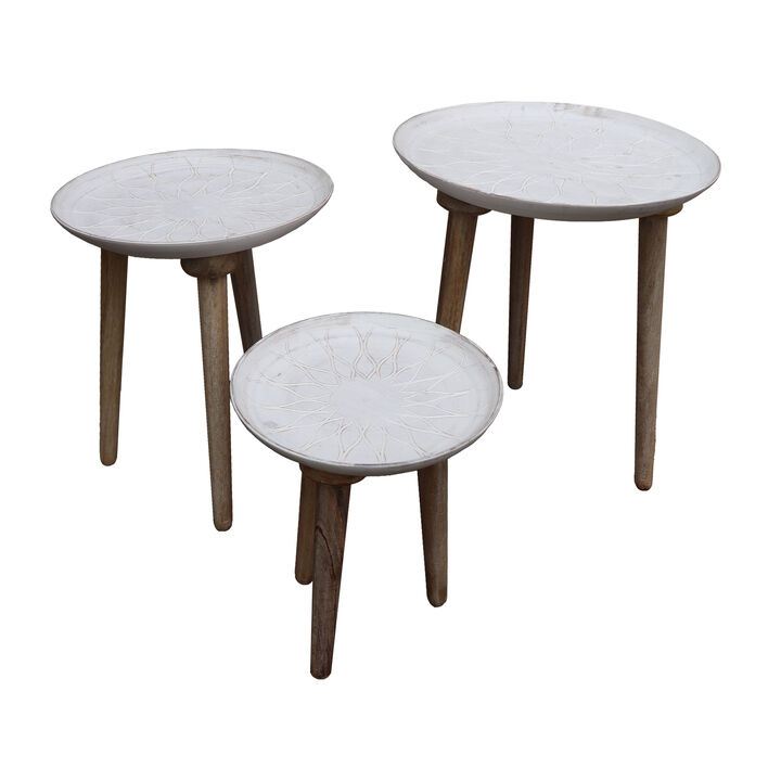 Mango Wood Bowl Top Side End Coffee Table with Angled Tripod Base, Set of 3, White and Brown-Benzara