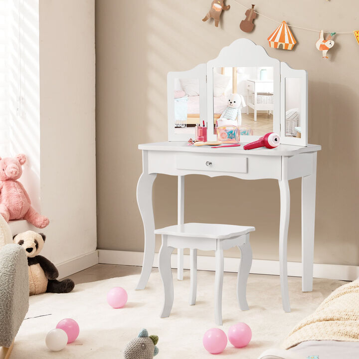 Kids Makeup Dressing Mirror Vanity Table Stool Set