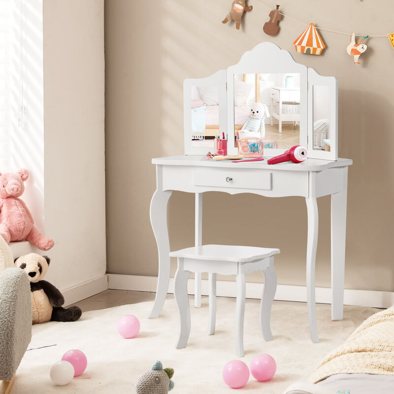 Kids Makeup Dressing Mirror Vanity Table Stool Set