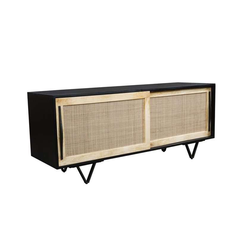 Handcrafted 60-Inch TV Media Console with Rattan Sliding Doors - Natural Brown And Matte Black Finish - Benzara