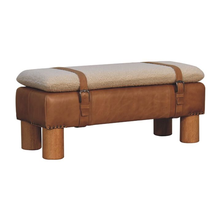 Strapped Cyclinder Solid Wood Leather Boucle  Bench