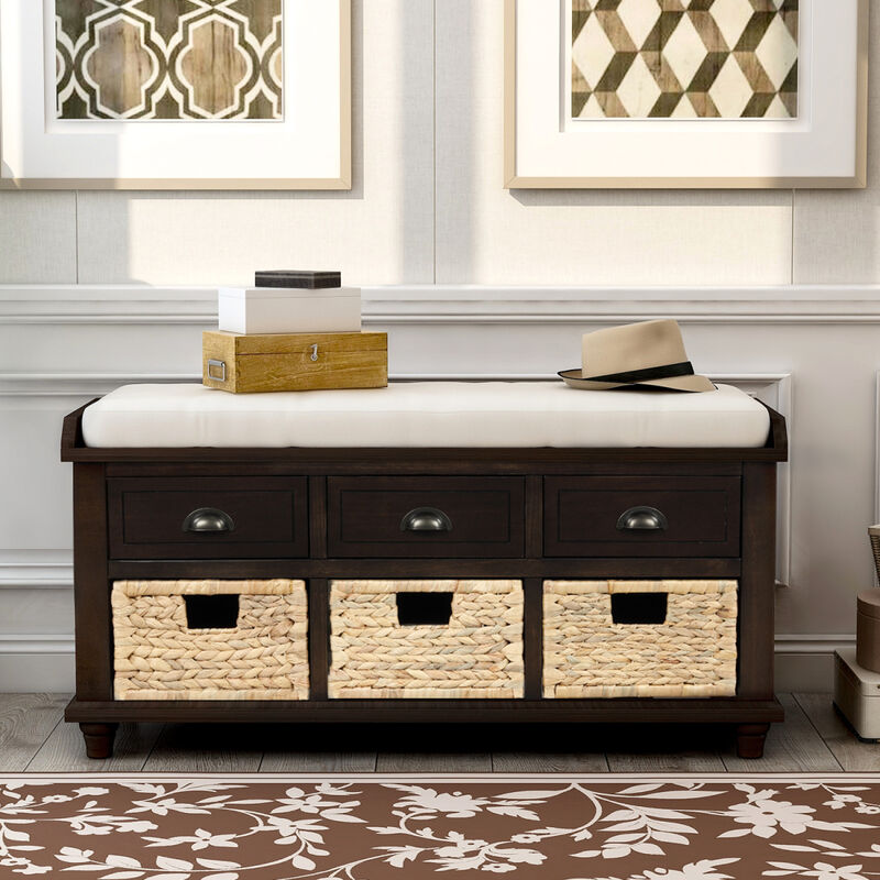 Rustic Storage Bench With 3 Drawers And 3 Rattan Baskets, Shoe Bench For Living Room