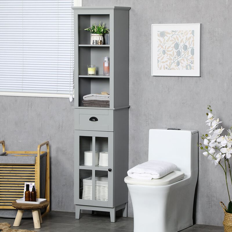 Gray Bathroom Storage: 67" Tall Linen Tower Cabinet with Glass Door