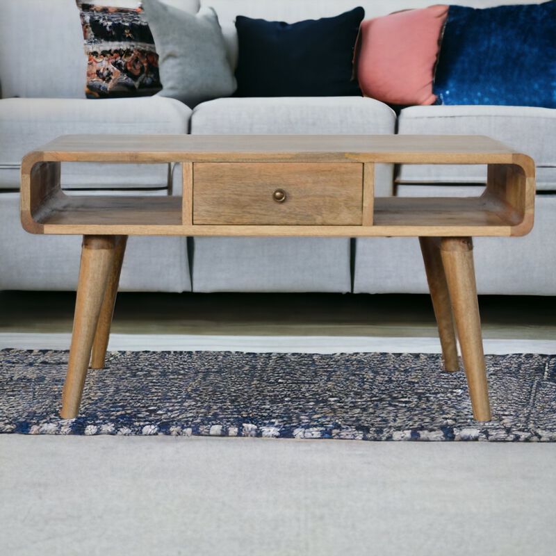 Curved  Solid Wood 2 Drawer Oak-ish Coffee Table