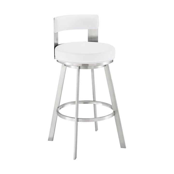 Ami 26 Inch Swivel Counter Stool Chair, White Faux Leather, Stainless Steel - Benzara