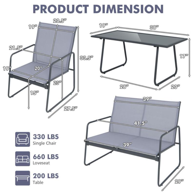 Hivvago 4 Pieces of Metal Patio Furniture Chat Set with Tempered Glass Coffee Table