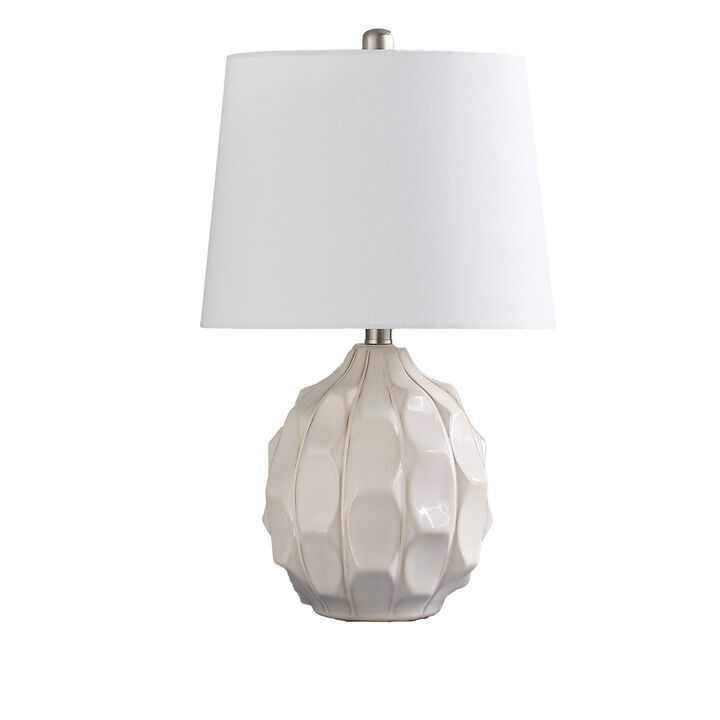 22 Inch Table Lamp, Cream Round Cascading Ceramic Design Urn, Brushed Metal - Benzara