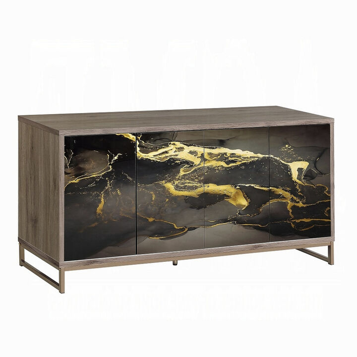 Loila Sideboard Console Cabinet, Black Marble Look, Brown Wood 65 Inch
