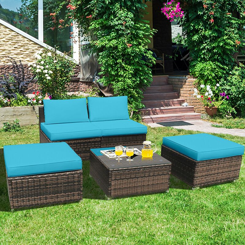 5 Pieces Patio Rattan Furniture Set with Cushioned Armless Sofa