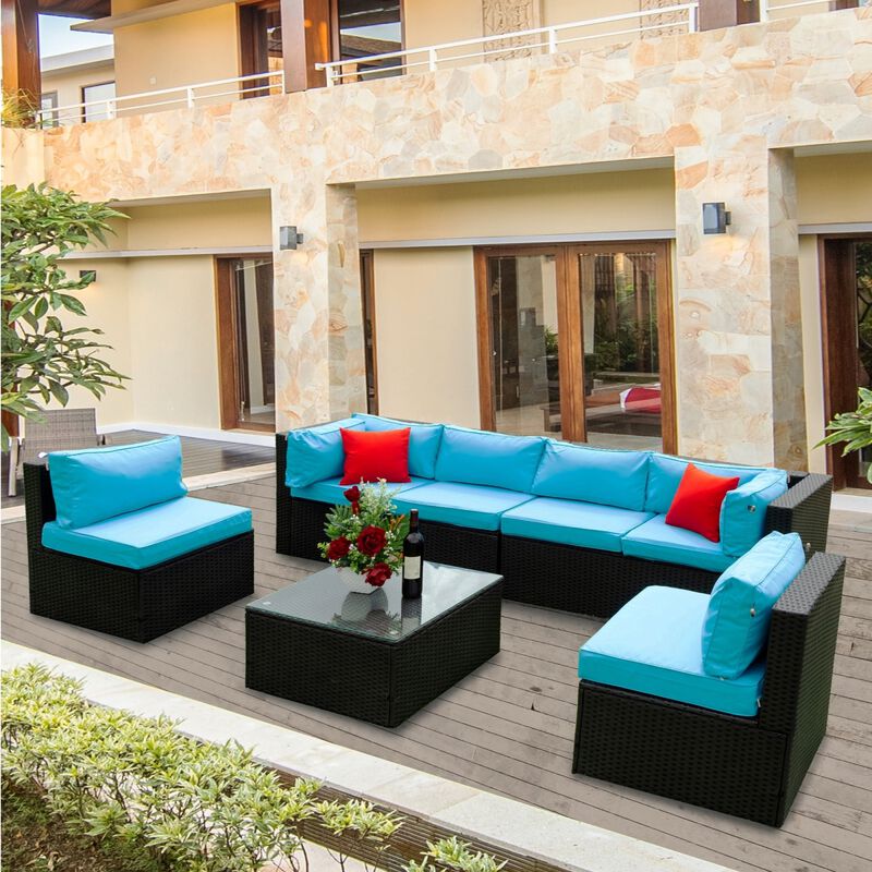 5 Pieces PE Rattan Sectional Outdoor Furniture Cushioned U Sofa Set With 2 Pillows