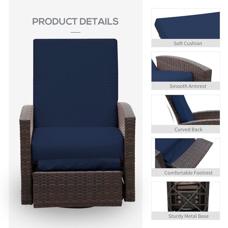 Dark Blue Patio Wicker Recliner Chair with Footrest, Outdoor PE Rattan 360Â°Swivel Chair with Soft Cushion, Lounge Chair for Patio