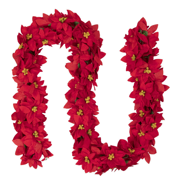 6' x 3" Red Artificial Poinsettia Floral Christmas Garland - Unlit