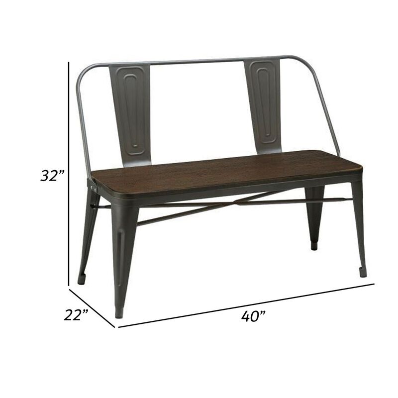 Gina 40 Inch Bench, Smooth Wood Seating, Strong Metal Frame, Dark Gray - Benzara