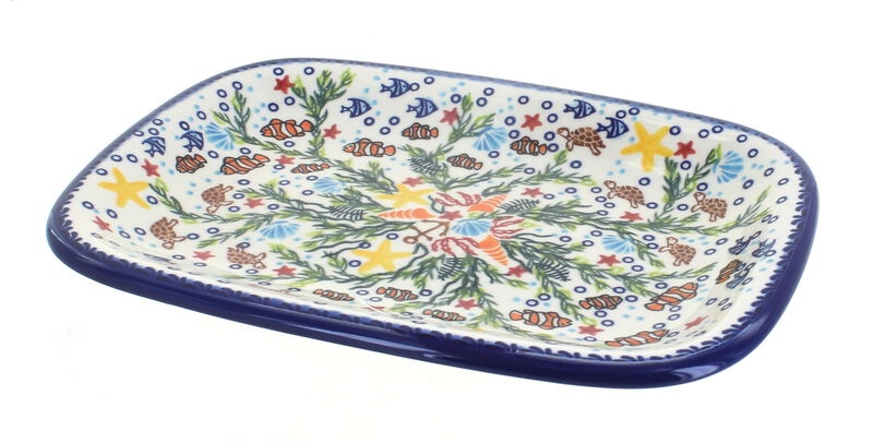 Blue Rose Polish Pottery Winter Cardinal Medium Rectangular Serving Platter