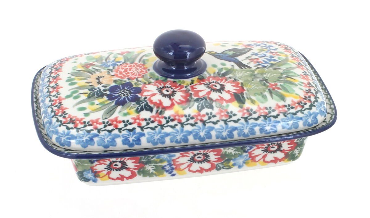 Blue Rose Polish Pottery Hummingbird Butter Dish