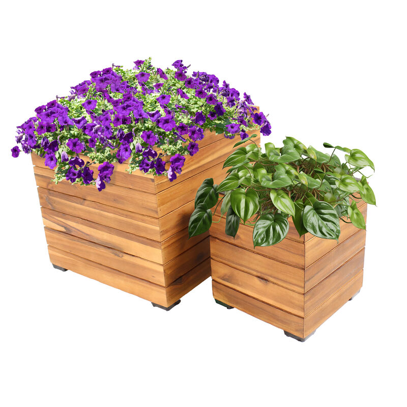 Sunnydaze 2-Piece Acacia Square Planter Boxes with Liners