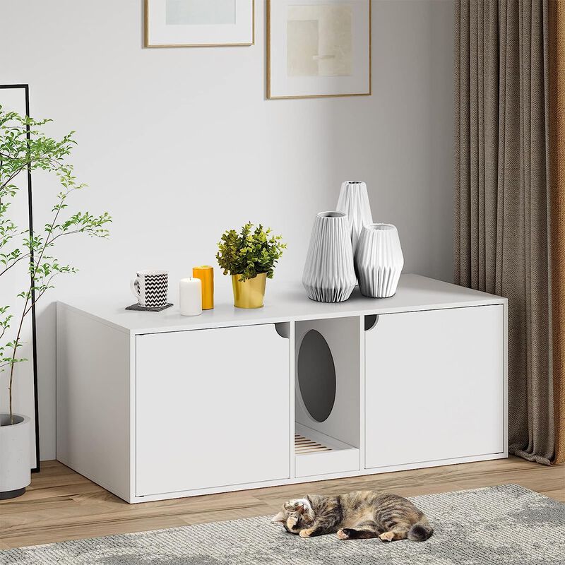 Cat Litter Box Enclosure for 2 Cats, Modern Wood Stackable Large Cat Washroom Cabinet Bench End Table Furniture, White