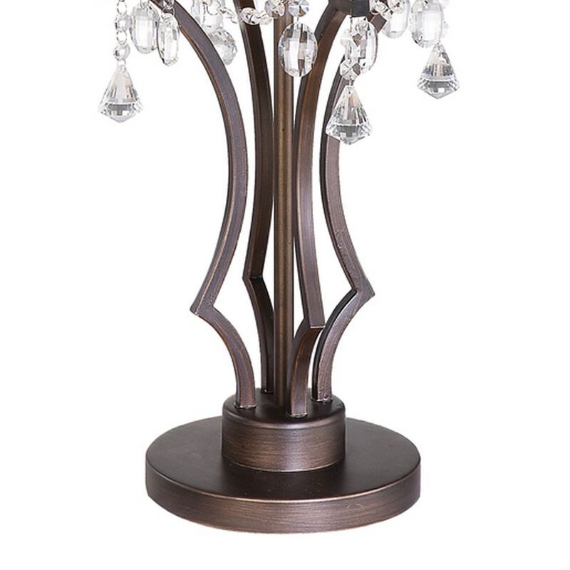 35 Inch Table Lamp, Empire Fabric Shade, Crystal, Antique Bronze Base-Benzara