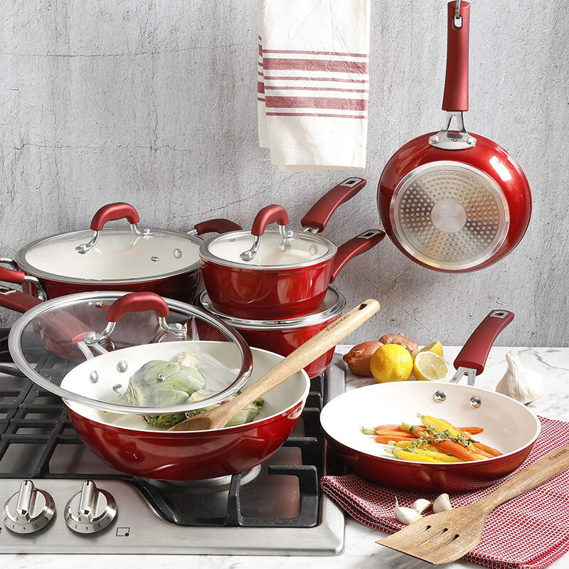 Kenmore Arlington 2 Piece Aluminum Ceramic Coated Nonstick Frying Pan Set in Metallic Red