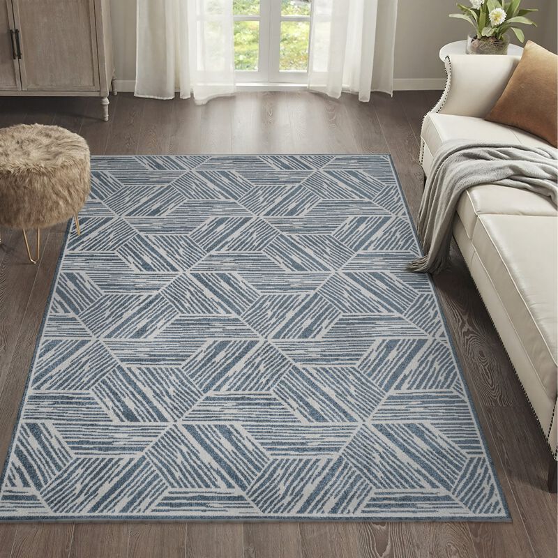 Vector Modern Coastal Geometric Machine-Washable Blue/Cream 5 ft. x 8 ft. Area Rug