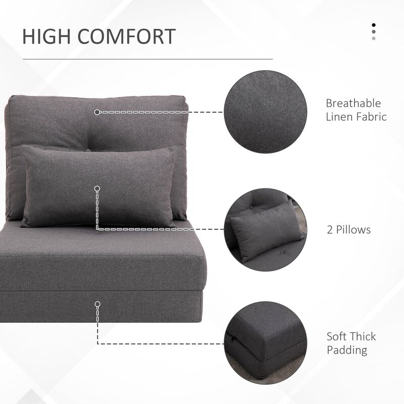 Convertible Flip Chair, Floor Lazy Sofa, Folding Upholstered Couch Bed with Adjustable Backrest and Pillows for Living Room, Dark Grey