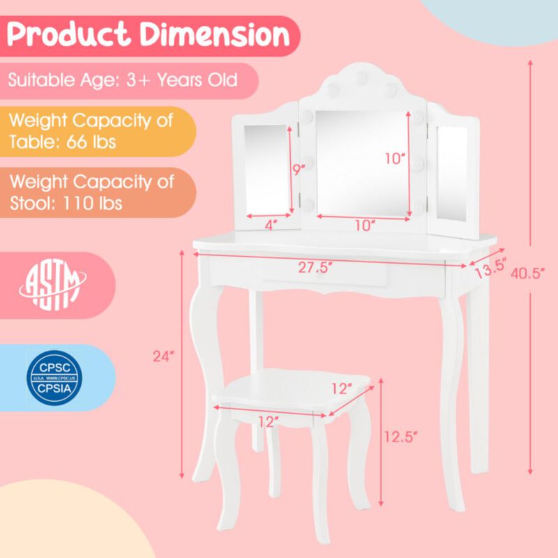 Hivvago Kid Vanity Table Stool Set with Tri-Folding Mirror and 3-Color LED Lights