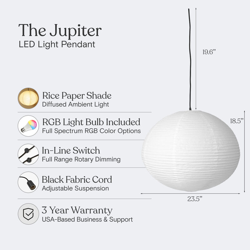 Brightech Jupiter LED Pendant Light with RGB Color-Changing Bulb - Japanese Zen Design Rice Paper Shade - Modern Plug-In Lamp for Ambient Home Office, Nursery, Tech-Friendly with 20ft Cord