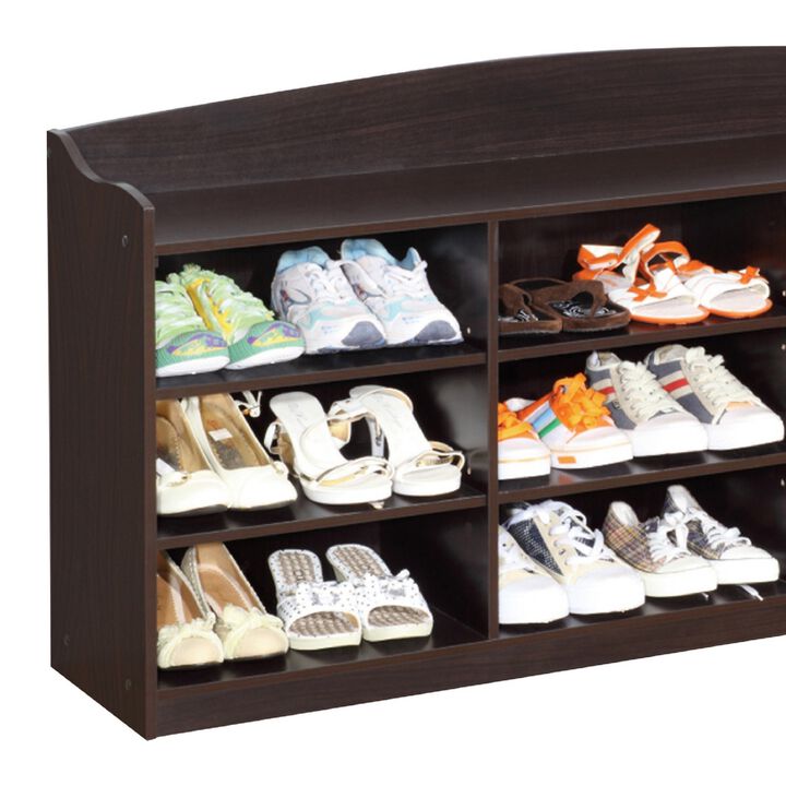 48 Inch Classic Wood Shoe Rack, 9 Cubbies, Elegant Wood Grains, Dark Brown-Benzara