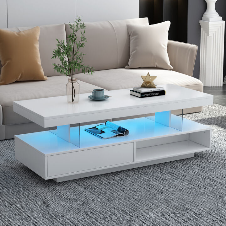 Modern White LED Coffee Table with Storage, 2 Drawers, and Shelves