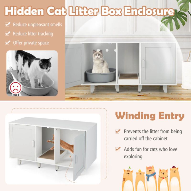 2-Door Cat Litter Box Enclosure with Winding Entry and Scratching Board