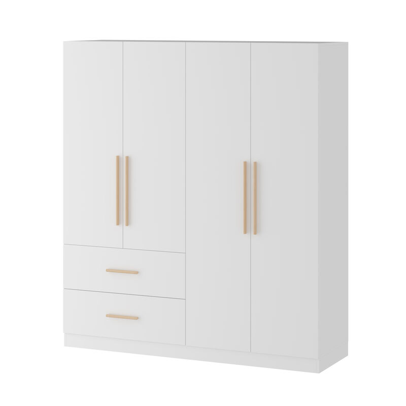 70.9 in. H x 19.5 in. D White 63 in. W 4-Door Big Wardrobe Armoires with Hanging Rods, Drawers and Storage Shelves