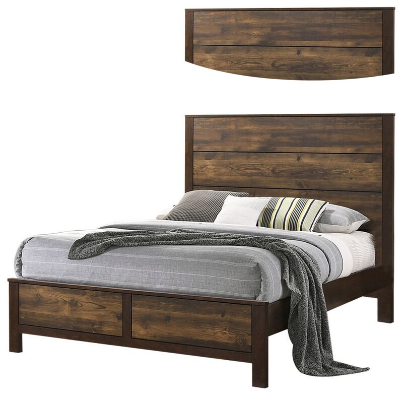 Roki Platform California King Bed with Panel Design, Rustic Brown Finish - Benzara