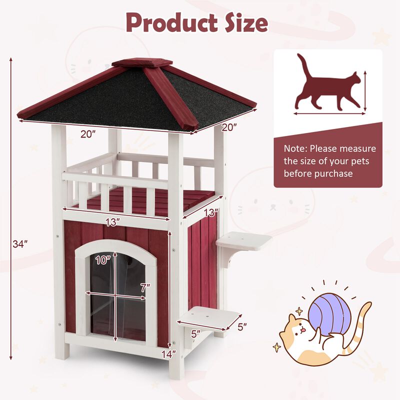 Costway Outdoor Cat House 2-Story Wooden Cat Shelter with Asphalt Roof Removable Floor