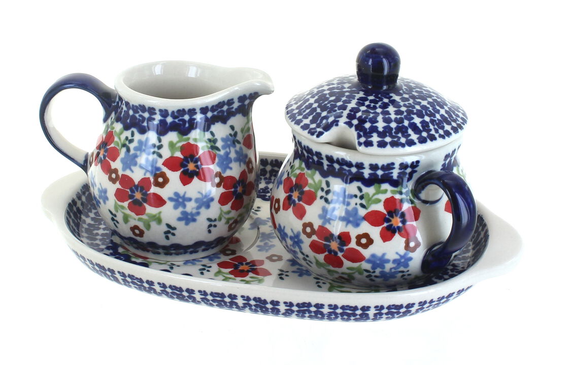 Blue Rose Polish Pottery Red Poppy Sugar & Creamer with Tray